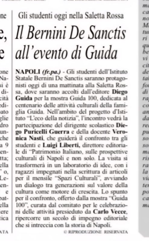 Articolo di Cronache di Napoli dedicato all’evento dell’I.S. Bernini–De Sanctis nella Saletta Rossa di Via Bisignano, con gli studenti protagonisti della proiezione del loro docu‑film